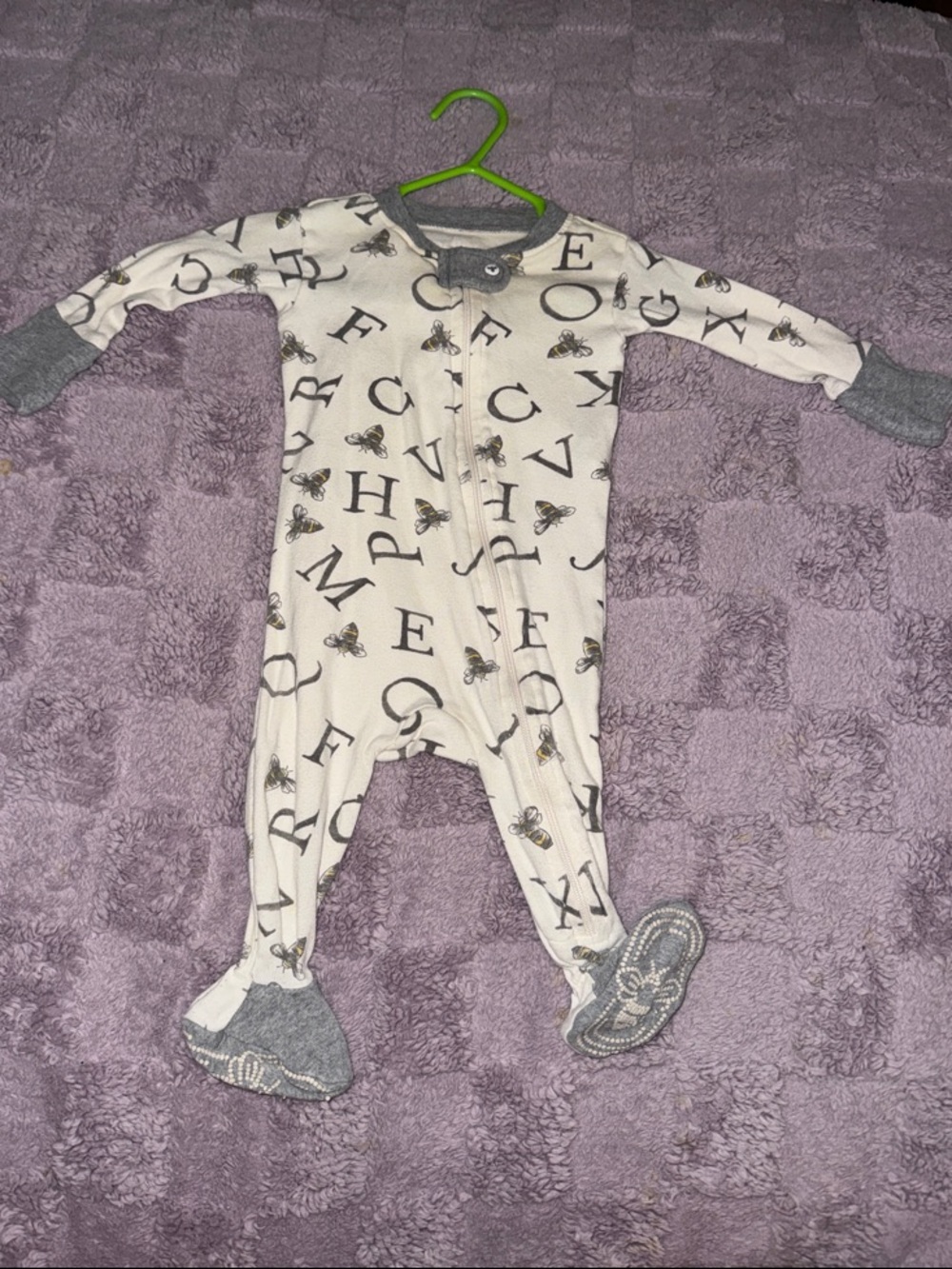 Burt's Bees Baby White Alphabet & Bee Footed One-Piece with Gray Trim